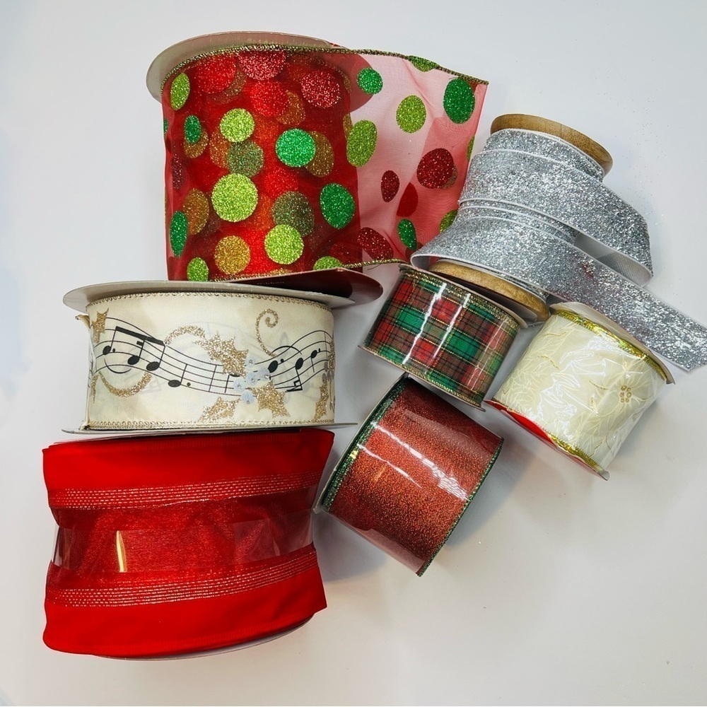 Lot of  7 Christmas New & Used Ribbon Wired & Non Wired, Various Widths & Types